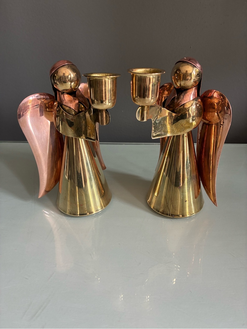 Vintage Brass and Copper Angel Candle Holders - Two-Tone Set